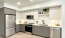 Interior of a kitchen with a fridge, dishwasher, and oven. White and gray cabinets