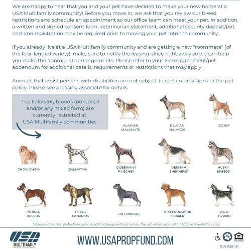 Pet Policy for The AJ showing specific breed restrictions