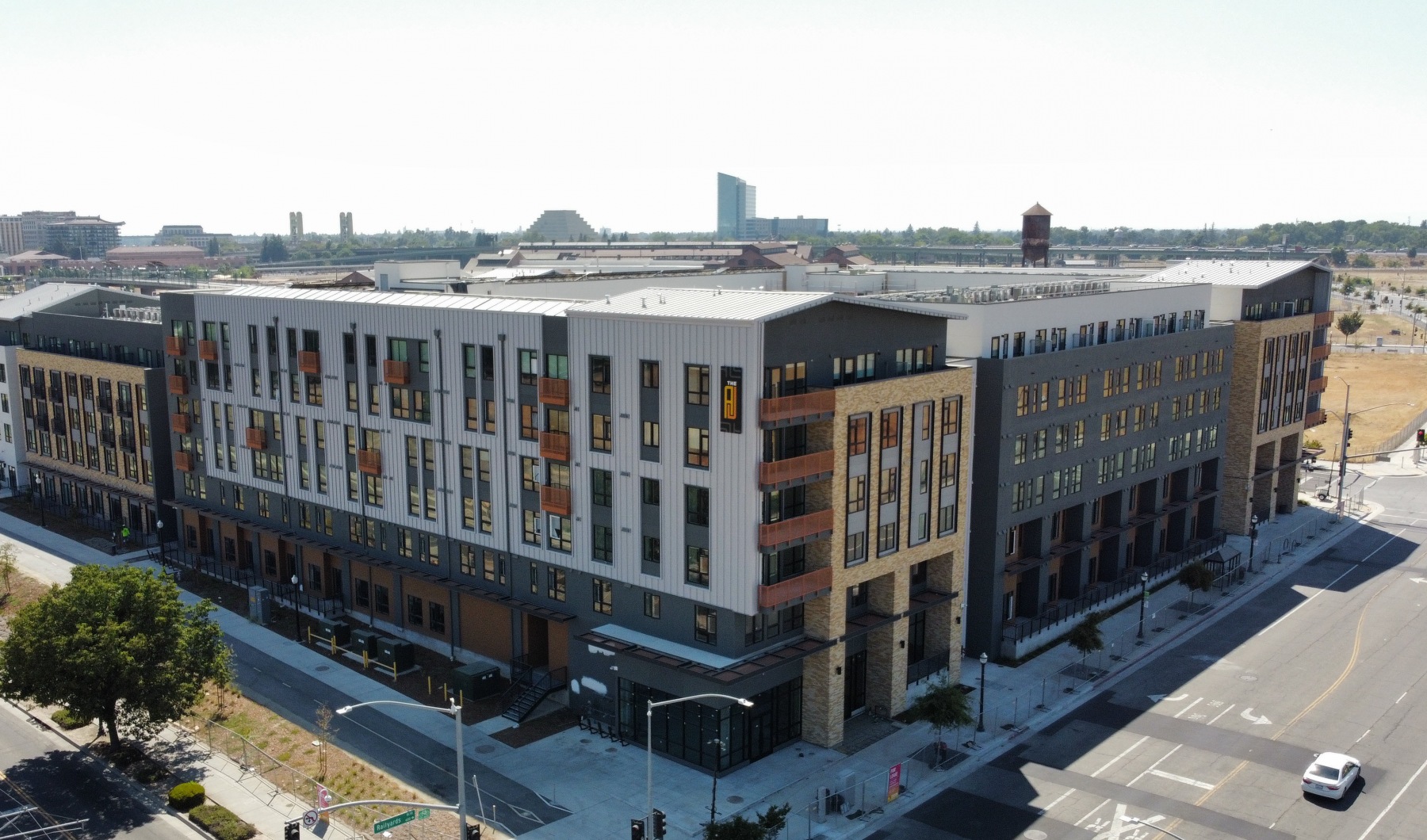 Exterior photo of The A.J. apartments in the Sacramento Railyards